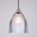 The Strand Prismatic Glass Pendant Light medium with bell-shaped ribbed glass shade and vintage design