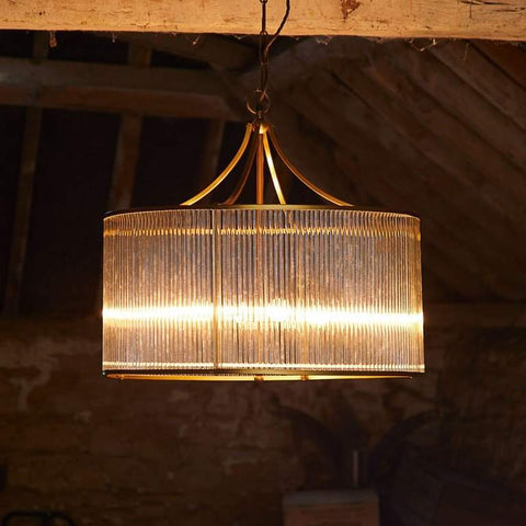 Artemis Chandelier pendant light with brass frame and glass rods, elegant vintage-modern ceiling fixture