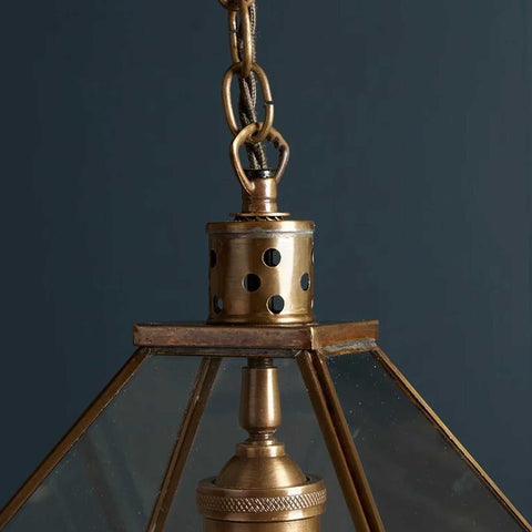 Pooky Carrington Lantern large vintage style brass pendant light with glass panels and adjustable chain