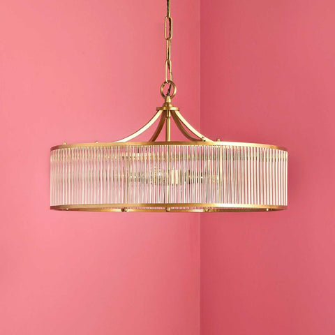 Pooky Athena Chandelier pendant light with brass frame and glass rods, Art Deco style elegant lighting fixture