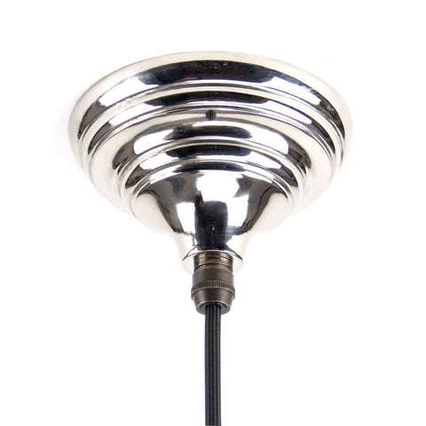 Brampton Nickel Pendant Light ceiling mount with polished nickel finish and black cord