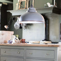Brampton Grey Pendant Light industrial style domed grey metal hanging lamp above wooden kitchen island