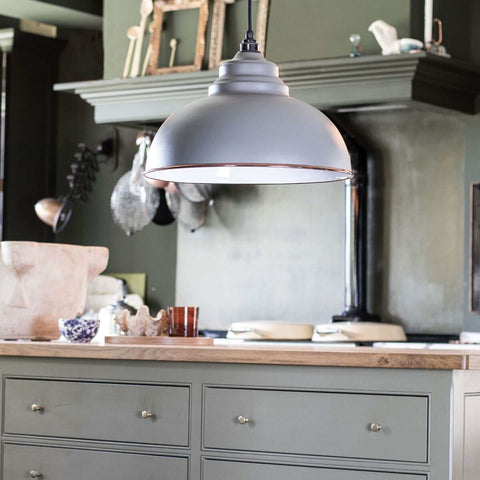 Brampton Grey Pendant Light industrial style domed grey metal hanging lamp above wooden kitchen island