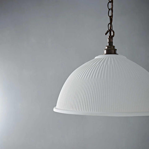 Denton Large Ribbed Ceramic Shade Pendant Light with handcrafted ribbed porcelain shade and metal chain suspension