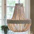 Large Luna wooden beaded pendant light chandelier with handcrafted wooden beads and painted metal frame in vintage shabby chic style