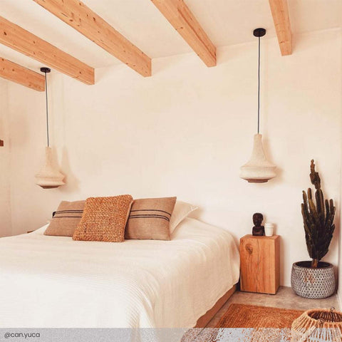 Joosh Natural Crochet Pendant Light - medium in a bedroom