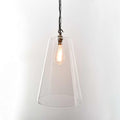 Newbury Extra Large clear glass tapered pendant light with vintage bulb and adjustable black chain suspension