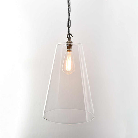 Newbury Extra Large clear glass tapered pendant light with vintage bulb and adjustable black chain suspension