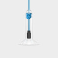Contemporary small clear glass pendant light with hand-blown shade and blue knot detail