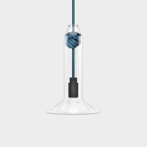 Contemporary small clear glass knot pendant light with hand-blown shade and blue rope detail