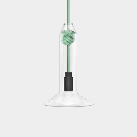 Contemporary small clear glass pendant light with hand-blown shade and green knot detail