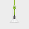 Contemporary small clear glass pendant light with green knot detail and exposed bulb