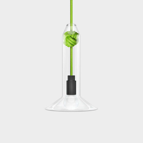 Contemporary small clear glass pendant light with green knot detail and exposed bulb