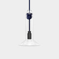 Contemporary small clear glass pendant light with hand-blown shade and decorative navy knot detail