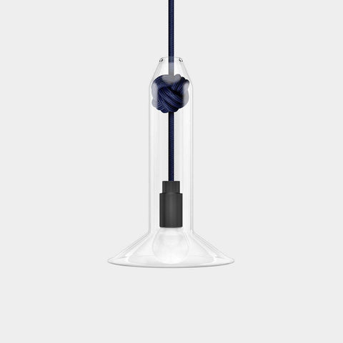 Contemporary small clear glass pendant light with hand-blown shade and decorative navy knot detail