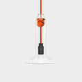 Contemporary small clear glass pendant light with hand-blown shade and orange knot detail