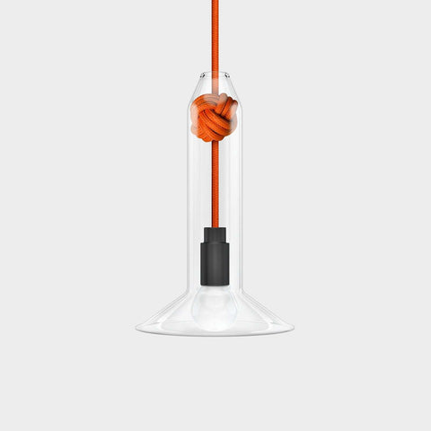 Contemporary small clear glass pendant light with hand-blown shade and orange knot detail