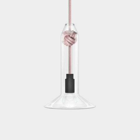 Contemporary small clear glass pendant light with hand-blown shade and decorative knot detail