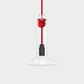 Contemporary small clear glass knot pendant light with red cord and hand-blown shade