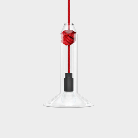Contemporary small clear glass knot pendant light with red cord and hand-blown shade