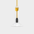Contemporary small clear glass pendant light with yellow monkey fist knot and black bulb holder