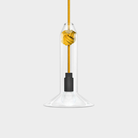 Contemporary small clear glass pendant light with yellow monkey fist knot and black bulb holder