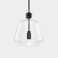 Contemporary large clear glass pendant light with black monkey fist knot detail and exposed bulb hanging from black cord