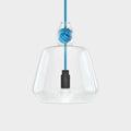 Contemporary large clear glass pendant light with blue rope knot and black bulb holder