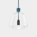 Contemporary large clear glass pendant light with hand-blown shade and blue monkey fist knot detail