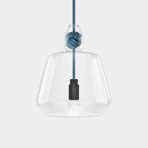 Contemporary large clear glass pendant light with hand-blown shade and blue monkey fist knot detail