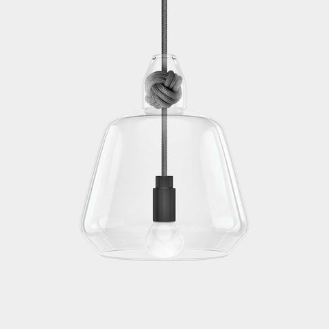 Contemporary large clear glass pendant light with a hand-blown shade and decorative knot detail