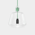 Contemporary large clear glass pendant light with hand-blown shade and green knot detail