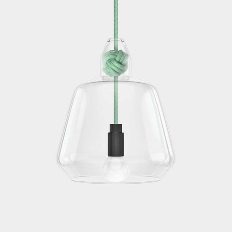 Contemporary large clear glass pendant light with hand-blown shade and green knot detail