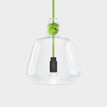 Contemporary large clear glass pendant light with green knot detail and black bulb holder