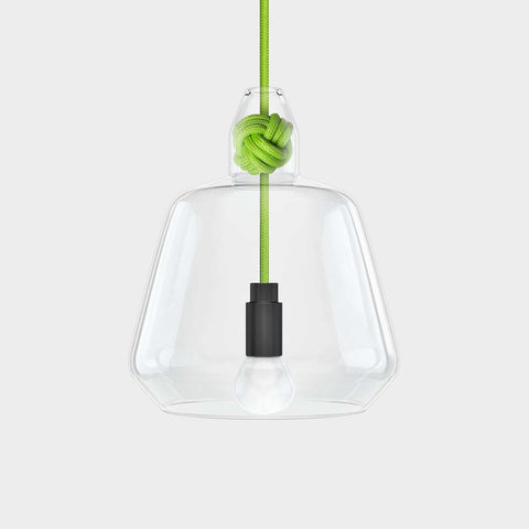Contemporary large clear glass pendant light with green knot detail and black bulb holder