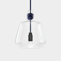 Contemporary large clear glass pendant light with navy blue monkey fist knot and black socket