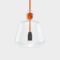 Contemporary large clear glass pendant light with orange monkey fist knot detail and black bulb holder