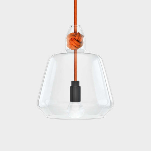 Contemporary large clear glass pendant light with orange monkey fist knot detail and black bulb holder
