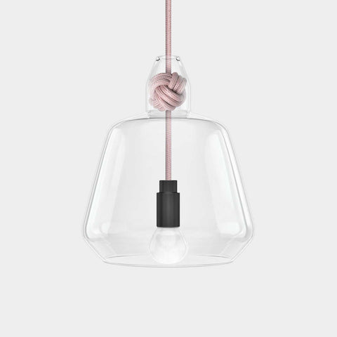 Contemporary large clear glass pendant light with hand-blown shade and decorative knot detail