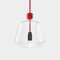 Contemporary large clear glass pendant light with red knot detail and black bulb holder