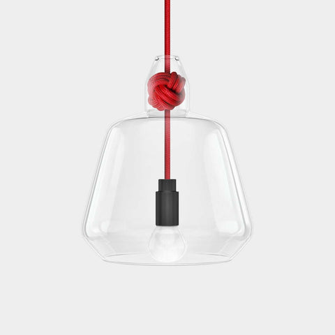 Contemporary large clear glass pendant light with red knot detail and black bulb holder
