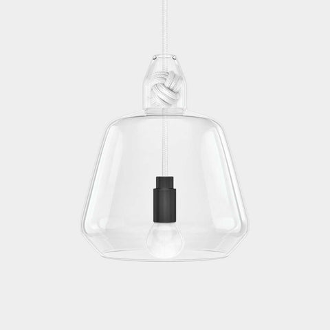 Contemporary large clear glass knot pendant light with hand-blown shade and monkey fist knot design
