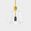 Contemporary large clear glass pendant light with yellow rope knot and exposed bulb