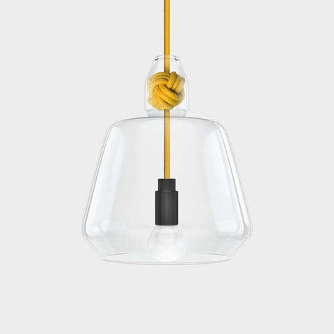 Contemporary large clear glass pendant light with yellow rope knot and exposed bulb