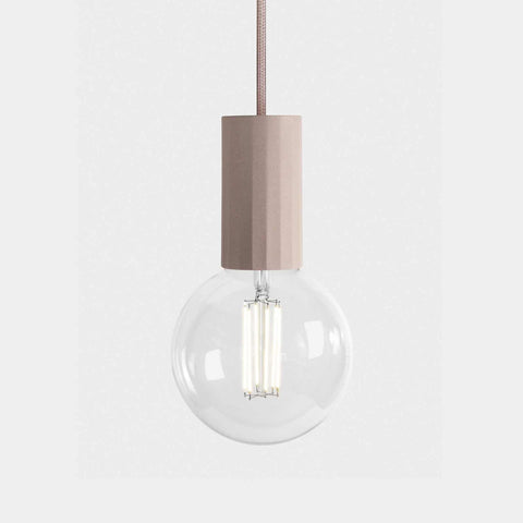 Modern Scandi Simple Bulb Pendant Light with handcrafted ceramic top and clear round bulb in blush finish