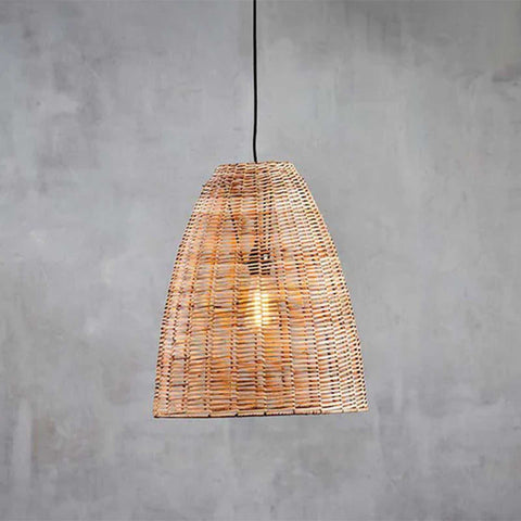 Nkuku Noko Wicker medium conical pendant light with hand-woven wicker design and warm glow
