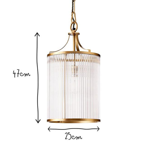 Pooky Valli Pendant Light with brass frame and vertical glass rods, 47cm height, 25cm diameter, modern elegant ceiling lantern fixture