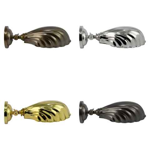Four Hadlow Adjustable Brass Shell Wall Lights in Antique Brass, Nickel, Bronze, and Polished Brass finishes with adjustable vintage shell design.