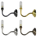 Four wall light fixtures with swan neck fittings in antique brass, bronze, polished brass, and nickel finishes without seagrass shades or bulbs