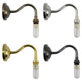 Set of four Rye medium clear glass shade bathroom wall lights with swan-neck metal fittings in bronze, chrome, brass, and black finishes.